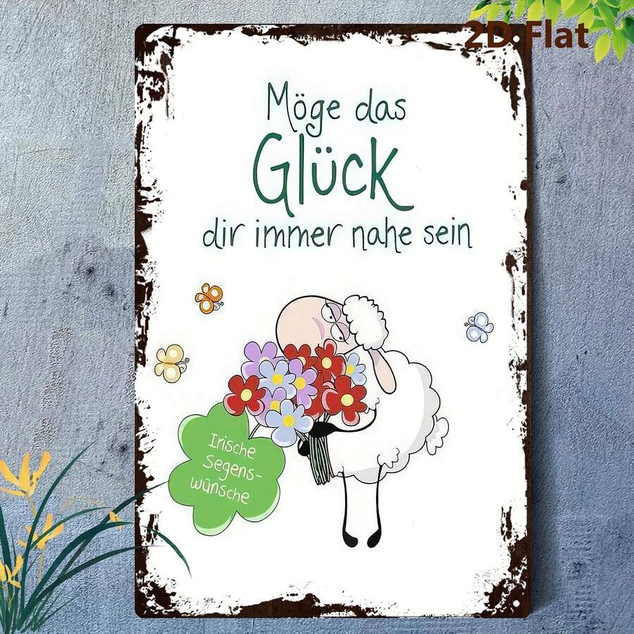 2D flach, 1 Stück deutsches Glücksbringer Holz Wanddekoration, 15 x 20 cm, mit irischem Segen und deutschem Spruch "Möge Glück immer bei dir sein" - Vintage Schaf Texttafel, geeignet für Zuhause, Büro, Bar Dekoration - deutsches Geschenk, ideal für Einweihungsparty, Deutschunterricht oder Glücksbringer Kunst, 2D flaches Design. - Weiss - Übersicht 1