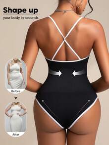 Women's Solid Color Elastic Simple Everyday Matching Slim Fit Spaghetti Strap Contrast Color Hem Bodysuit Black Summer - Black - View 2