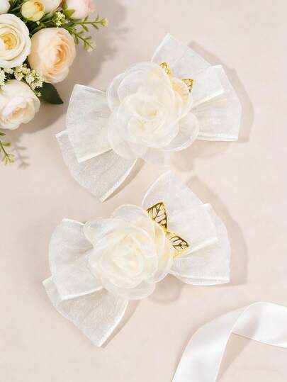 2pcs/Set Girls' Beige Mesh Bow Floral Alligator Hair Clips, Ballet Style Hair Accessories, Sweet Gift For Girls, Spring/Summer