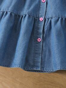 Young Girl Denim Dress, Summer New Cute Bow Puff Sleeve Lapel Knee-Length Princess Cake Dress - Blue - View 7