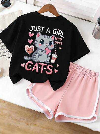 2pcs/Set Tween GirlsCute Cat Print Short Sleeve T-Shirt + Shorts, Loose Breathable, Fashionable & Adorable, Versatile Summer Outfit