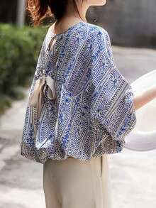 女式夏季花卉印花涤纶衬衫，节日雪纺蝴蝶结无袖衬衫 - 花色 - 查看 2