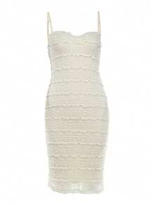 French Sensual Style Fashion Spaghetti Strap Backless Lace Trim Bodycon Beach Vacation Dress - Apricot - View 12