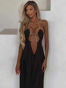 Women's Dress, European Style Summer 2026 New Design, Beach Style, Sexy Girl, Net-Sheer Low-Cut Neckline Halter Dress - 黑色 - 查看 2