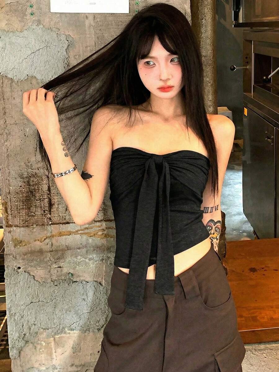 蝴蝶结抹胸上衣,修身性感设计,春夏休闲黑色 - 黑色 - 查看 1