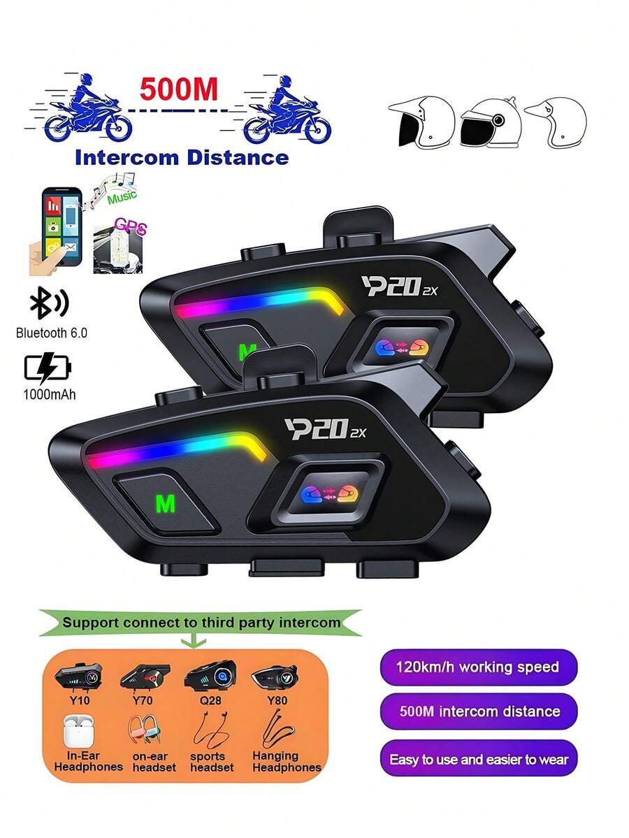 Bộ 2 tai nghe Bluetooth 6.0 không dây gắn mũ bảo hiểm xe máy, phạm vi 500m, chia sẻ nhạc, phụ kiện xe máy - P20 2X - P20 2X - Xem 1