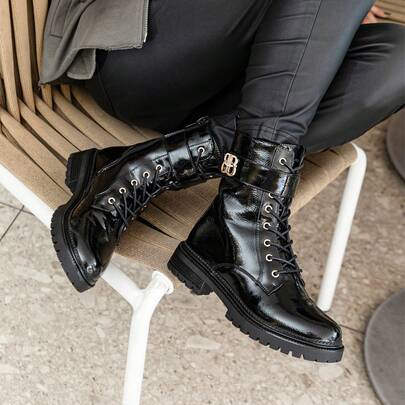  WEIDE Botines para Mujer de Charol Arrugado, Plataforma, Cordones, Cremallera Lateral, Hebilla Metálica, Punta Redonda, Estilo Urbano Outdoor