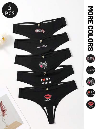 5pcs Women's Sexy Thong Panties, Comfortable Fabric, Sexy Printed & Solid Color, Black, Decorative Ring Splice Design
