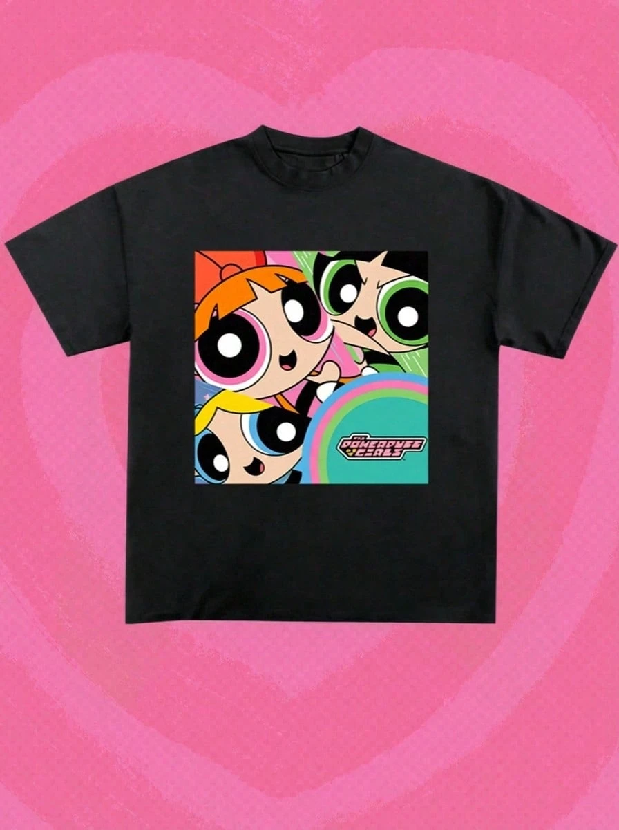 Whysmera SHEIN X Powerpuff Girls Áo thun nữ tay ngắn mùa hè mới, in hình đua xe 3 người, thoáng khí và thấm hút mồ hôi, thiết kế thời trang đường phố cá tính. - màu đen - Xem 1