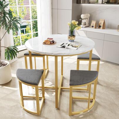 Dining Set Containing Four Chairs With MDF Tabletop And Gold Iron Frame. Velvet Seat, White, Grey.
