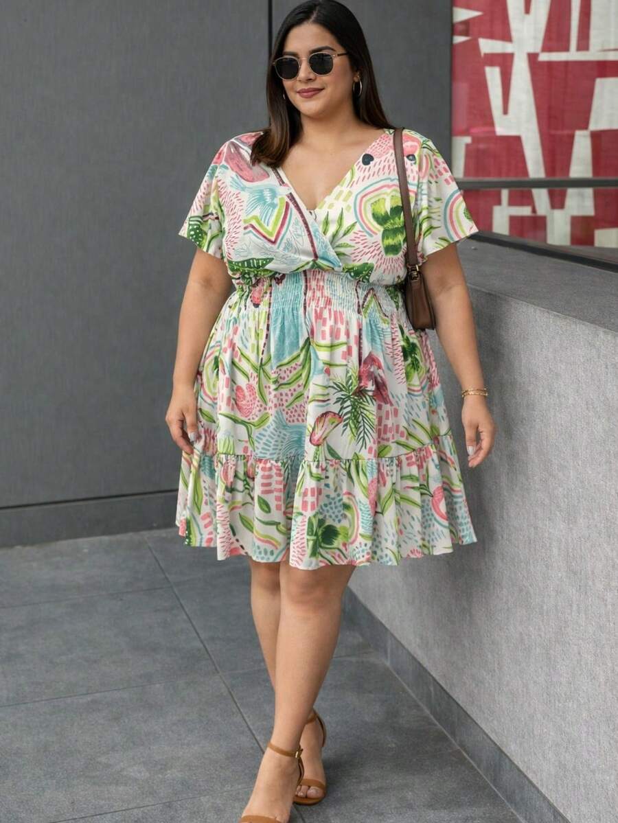 Women's Plus Size Printed Dress, Short Sleeve, Casual, Adjustable - 列印 1 - 查看 1
