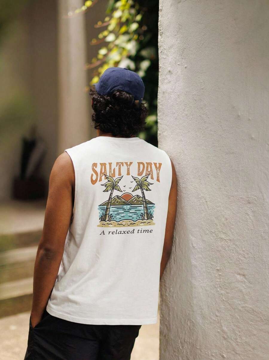 Open Phase STONE DISTRICT 男士休闲无袖背心，热带植物标语印花，适合春夏穿着 - 白色 - 查看 1