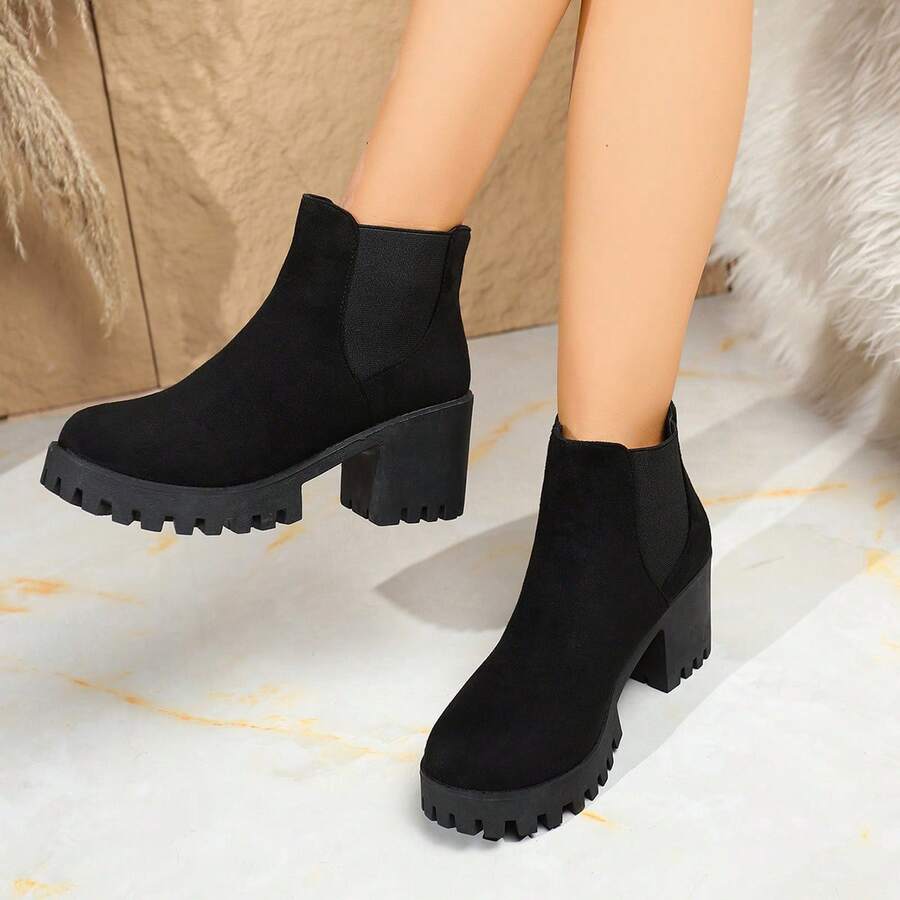 Black Thick-Heeled Suede Ankle Boots, The Thick Heel Design Is Stable And Comfortable, The Upper Is Easy To Care For, Suitable For Office, Shopping, Party And Other Occasions - màu đen - Xem 1