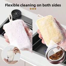 2 piezas Esponja de luffa de pulpa de madera natural, fuerte, descontaminante, fácil de limpiar, esponja de algodón de pulpa de madera para lavar platos - Embalaje reversible (esponja vegetal + algodón de pulpa de madera) en bolsas OPP - Ver 4