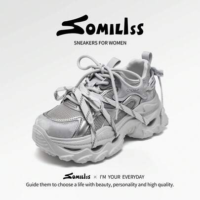 somiliss Giày thể thao nữ đế cao 6cm, kiểu dáng chunky, buộc dây đôi, thoải mái, nhẹ nhàng, thời trang, đa năng, phù hợp đi lại hàng ngày, giày đi bộ mọi mùa, màu xám mới năm 2026.