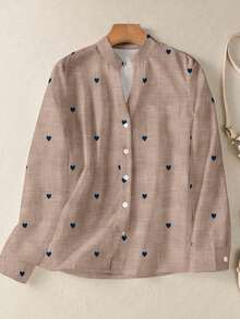 Women's Romantic Heart Print Long Sleeve Button-Up Shirt With Pockets, Suitable For Autumn, Winter And Spring - Coffee Brown - View 3
