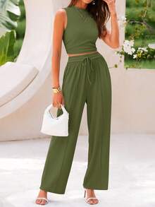 Women's Solid Color Round Neck Tank Top And Tie Front Pocket Wide Leg Pants Set Summer - Army Green - View 2