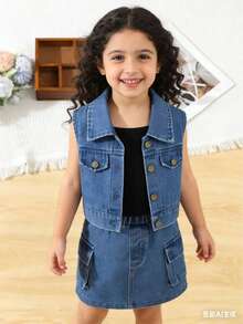 Young Girl Spring/Summer Washed Denim Vest Jacket With Pockets And Knitted Black Ribbed Tank Top, Skirt Three-Piece Set - Medium Wash - View 1