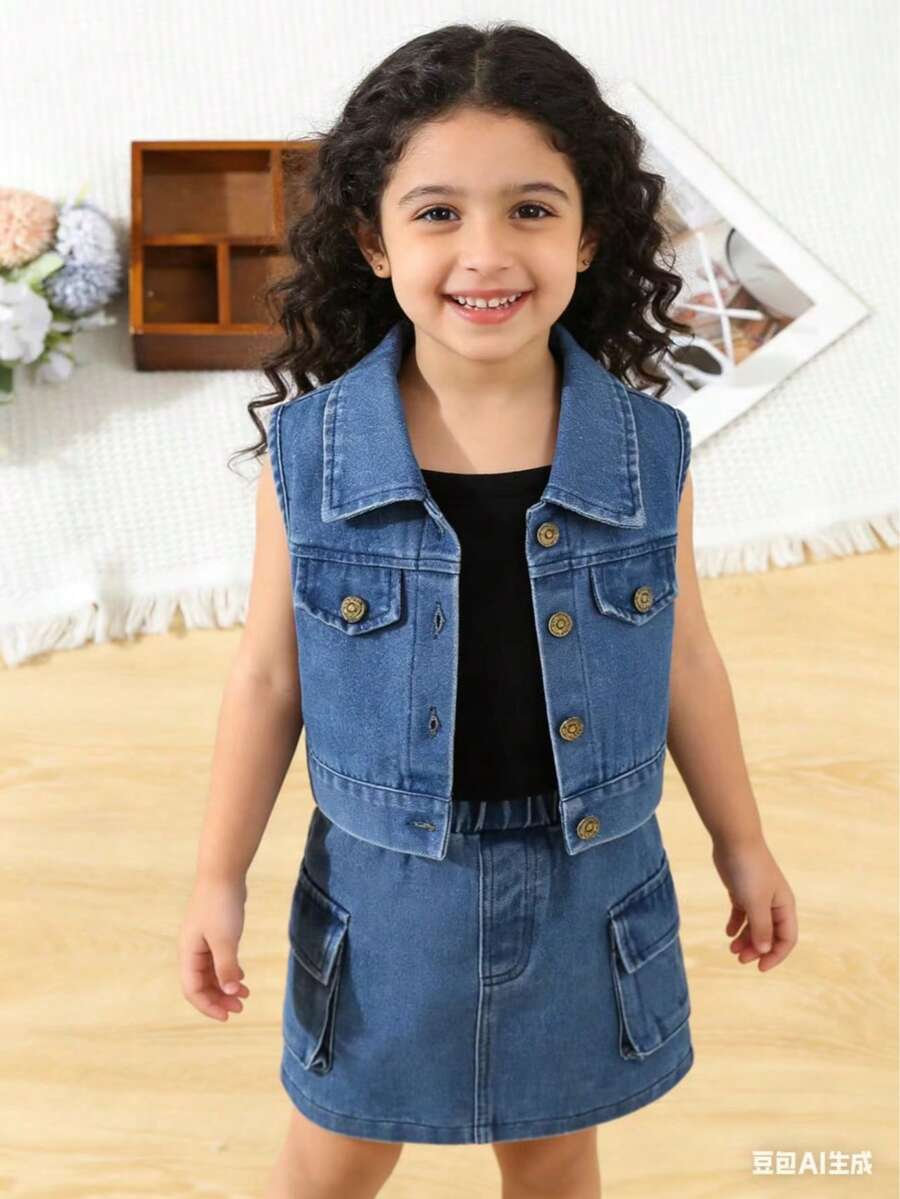Young Girl Spring/Summer Washed Denim Vest Jacket With Pockets And Knitted Black Ribbed Tank Top, Skirt Three-Piece Set - Medium Wash - View 1