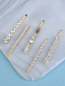 5Pcs Gold Crystal Bobby Pin Set, Sparkling Rhinestone Hair Clips For Daily Party Wedding Bridal - Gold - View 3