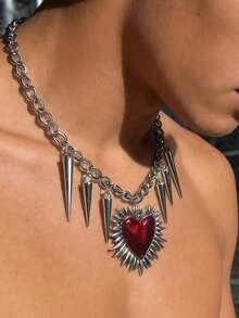 1pc Spiked Heart Shaped Necklace, Red Heart Pendant, Gothic Punk Necklace - Rivet Necklace - View 6