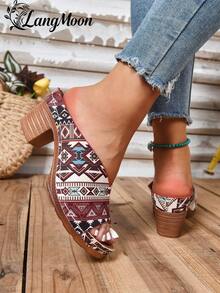 LangMoon 2026 Geometric Pattern Chunky Heel Sandals, Retro Printed Upper + Stabilizing Thick Heel, High-Appearing Yet Comfortable, Non-Slip Outsole, Personalized-Catching Suitable For Commuting, Vacation, Dating, Versatile Spring/Summer Footwear - Blue Bohemian - Horizontal Stripes - View 7