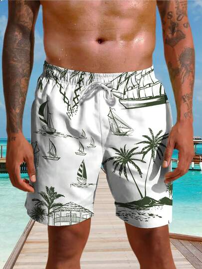 Men Coconut Tree Print Drawstring Waist Beach Swim Trunks