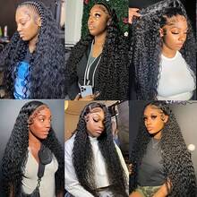 Invisible Strap 360 Human Hair Wigs 250% Density Deep Wave Lace Front Wigs Human Hair 30 Inch Lace Front Wig Drawstring 360 Frontal Wig Wet And Wavy 13x6 HD Full Lace Front Wigs Human Hair 5x5 6x4 Wear And Go Glueless Curly Human Hair Wigs For Women - Natural Black - 查看 3