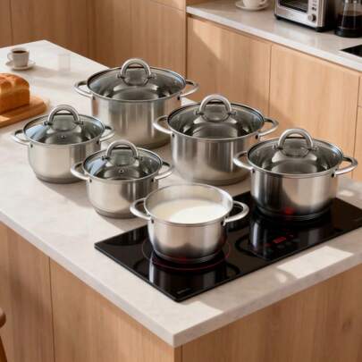 12-delige kookset - Universeel voor alle fornuizen, inclusief braadpan met deksel en soeppan met meerlaagse warmte-isolatie.