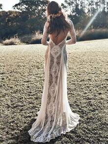 Celebrity Banquet Wedding Dress Crew Neck Long Sleeve Print Backless Lace Dress - White - View 2