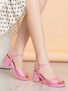 Women's White Open Toe Chunky Heel Sandals, Summer New Arrival - Pink - View 2