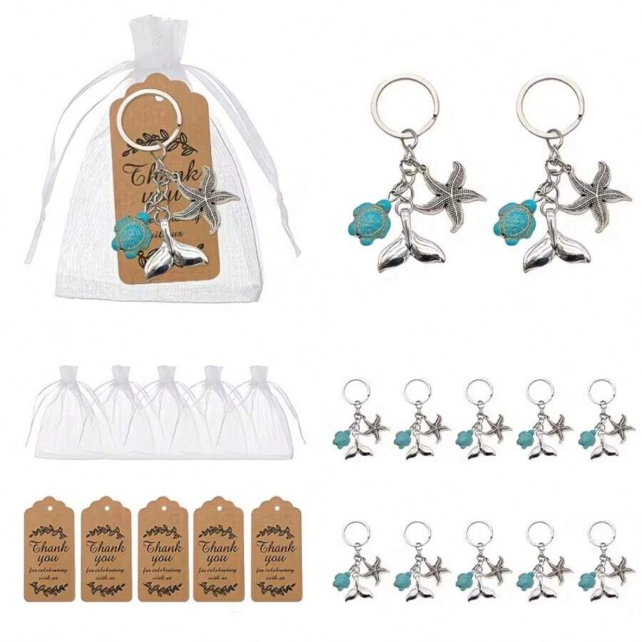15 Pcs Faux Turquoise Keychain Set Turtle Mermaid Tail Starfish 5 Keychains 5 Mesh Bags 5 Paper Cards - Multicolor - View 1