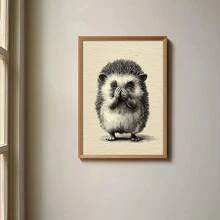 1幅带框/不带框复古刺猬遮住鼻子趣味动物帆布海报，乡村风格浴室墙面艺术印刷品，简约田园风厕所装饰，可爱复古画作，适用于卫生间、卧室、现代家居装饰 - A - 查看 1