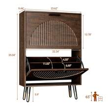 Farmhouse Shoe Cabinet Storage For Entryway, Slim Shoe Rack Cabinet With Flip Drawers, Narrow Shoe Organizer Cabinet With Stylish Round Panel, Metal Leg And Handle - Walnut - View 10