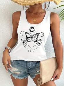 Women's Sleeveless Tank Top - Non-Transparent Smooth Surface Casual Blouse, Everyday & Formal Outfits - Machine Washable Women's Clothing, Versatile Outfit, Graphic Print Design, Nontransparent Fabric, Summer Fashion,  Design, Breathable Fabric, Summer Wardrobe - White - View 3