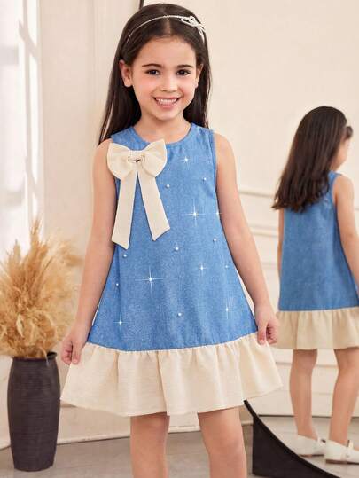 [Non-Denim] Young Girl's Fashion Casual 3D Bow Decor Beaded Denim-Like Sleeveless Button Round Neck Ruffle Hem Straight Dress, Suitable For Daily, Home, Outdoor, Spring/Summer