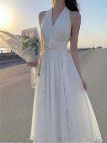 Elegant Ruffled Chiffon Spaghetti Strap A-Line Dress, Backless Design, Suitable For Birthday Party, Evening Gala, Beach Vacation Wedding - Apricot - View 5