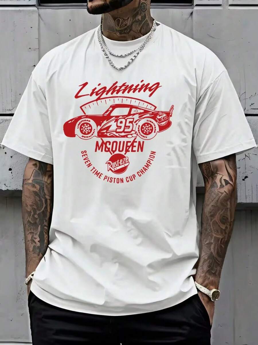 Disney Car Lightning McQueen Men's Pattern T-Shirt-White Summer Short-Sleeved T-Shirt, Red Racing Design, Breathable Round Neck Adult Loose Casual Shirt, Fan Products, Playful Design, Machine Washable. - White - View 1