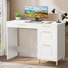 Modern Computer Desk With 4 Drawers, Modern Home Office Desks With Golden Handles And Drawers, Computer Table For Small Spaces, Black/ White - White - View 10