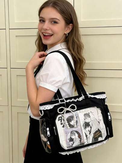 1pc Kawaii Japanese Style Girl's Shoulder Bag, Featuring Faux Pearl Bow & Lace Trim For Elegant Look, Transparent Decor Suitable For Anime Cosplay, Detachable & Adjustable Strap, Large Capacity Casual Tote Bag For Daily Use, School, Travel, Cute & Fashionable For Women , Bow