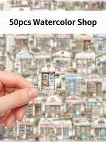 50 Stücke Aquarell Shop Cartoon-Stil PET Material transparente Aufkleber für Wasserflaschen, Notizbücher und Laptops, personalisierte dekorative Aufkleber für handgeschriebene Tagebücher - Verschiedenfarbig - Übersicht 5