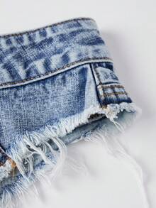 Women's Low Rise Denim Mini Shorts, Frayed Raw Hem Distressed Micro Jean Shorts For Rave Party,Beach Daily ,Everyday Wear - Blue - View 9
