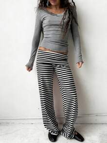 Women Low Waist Loose Fit Striped Folds Over Wide Leg Pants Lounge Home Sweatpants - Đen và trắng - Xem 5