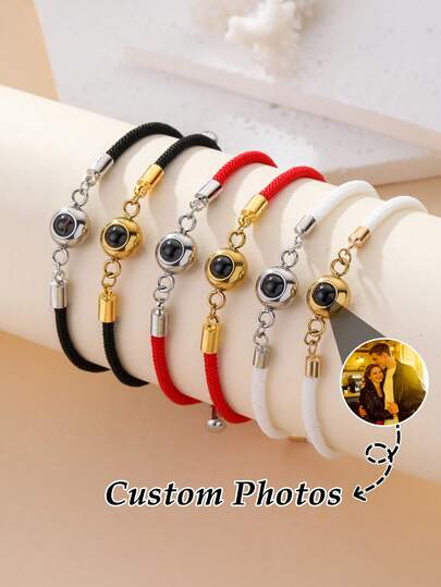 Customized Projection Photo Bracelet, Women's Solid Color Projection Bracelet, Adjustable Custom Bracelet, Personalized Oval Projection Bracelet, DIY Color Photo Bracelet, Couple Gift, Handmade Woven Rope Bracelet Memorial Jewelry Gift, Fashion, Colorful, Retro, , Minimalist, Y2K, 2000s , Customized, Personalized, Unique, Ideal Gift For Him, Ideal Gift For Her