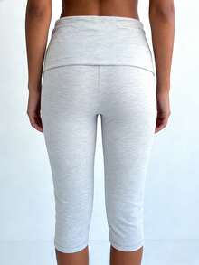 Pantalones capri para mujer, color liso, cintura plegable, estilo casual de verano, leggings cortos elásticos. - Gris Claro - Ver 6