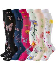1/3/6 Pairs Women Compression Socks, Cute Pattern Breathable Knee-High Socks Suitable For Running, Fitness, Jumping Rope, Gym - Multicolor - View 7