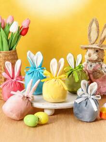 5pcs Easter Bunny Bags, Velvet Drawstring Rabbit Ear Design, Candy, Cookies, Chocolate, Eggs Gift Bags, Rabbit Party, Birthday, Wedding, Baby Shower Favors - Multicolor - View 1