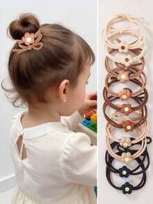 10个/套 女孩秋冬毛绒花朵弹力发圈，可爱发圈，柔软耐用，适合日常使用 - 彩色 - 查看 1
