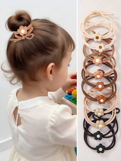 10个/套 女孩秋冬毛绒花朵弹力发圈，可爱发圈，柔软耐用，适合日常使用