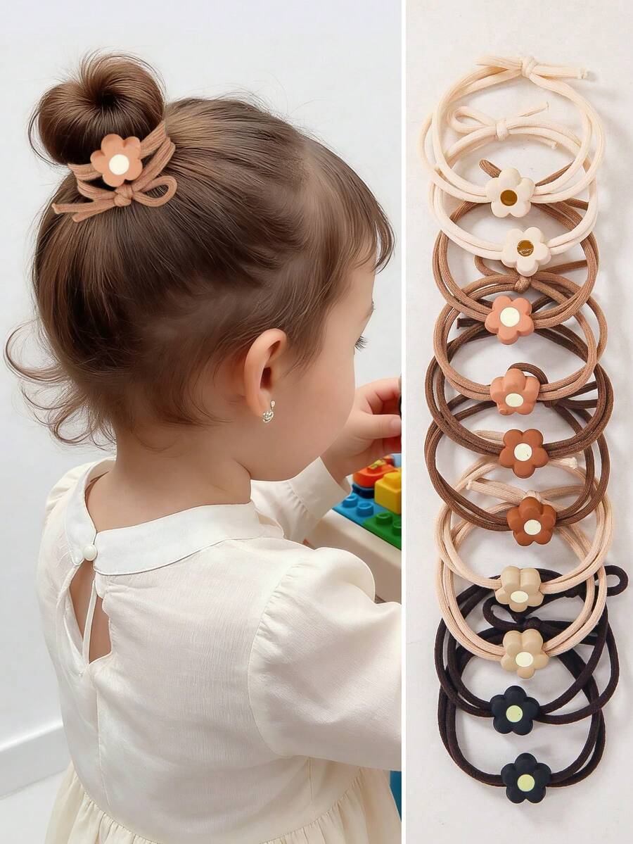 10个/套 女孩秋冬毛绒花朵弹力发圈，可爱发圈，柔软耐用，适合日常使用 - 彩色 - 查看 1